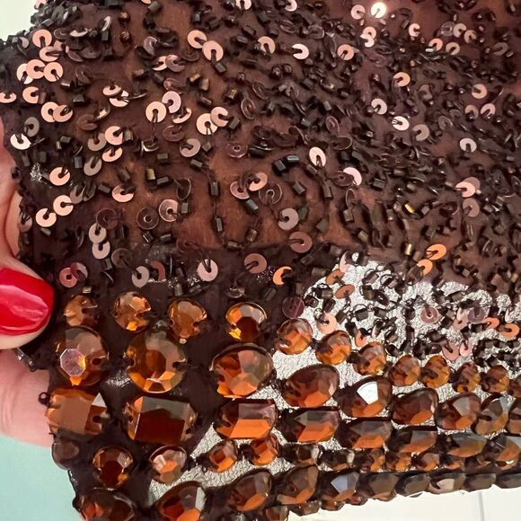 Scala Sequin Silk Strapless Bodycon Copper Brown Mini Sparkly Glam Mini Dress  6 - Picture 8 of 13
